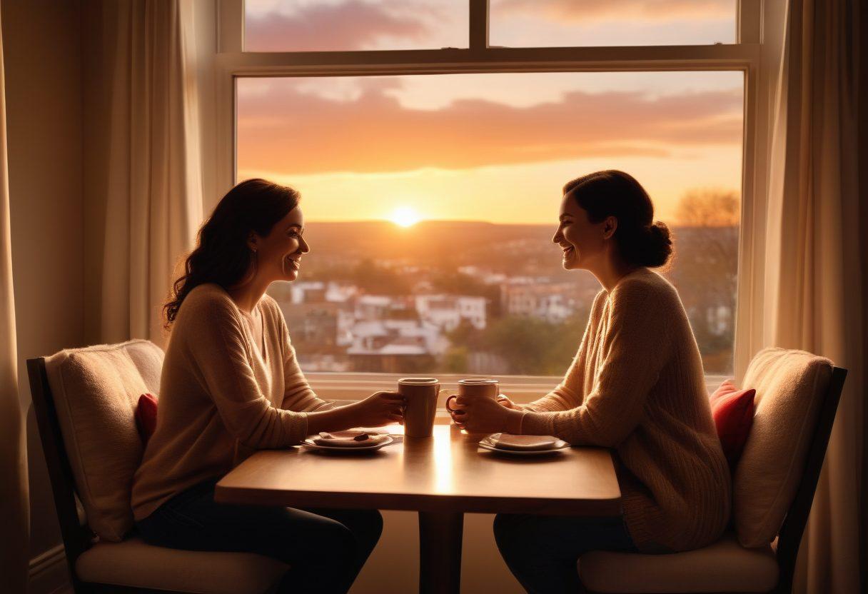 A warm and cozy scene of a couple sharing a laugh over coffee, surrounded by soft lighting and decorative elements symbolizing love, like heart-shaped cushions and framed photos. In the background, there's a beautiful sunset visible through a window, casting a romantic glow. The overall mood is intimate and inviting, perfect for illustrating lasting partnerships. super-realistic. warm tones. soft focus.
