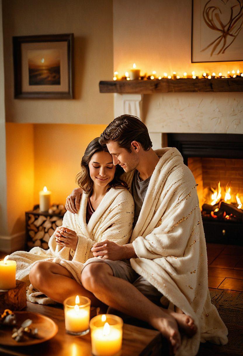 A cozy couple sitting by a fireplace, sharing a romantic moment with warm golden light illuminating their faces. Surround them with soft, fluffy blankets and glowing candles that create a serene atmosphere. Include heart-shaped decorations subtly in the background to symbolize love and intimacy. Capture the essence of nurturing romance through gentle expressions and connection. super-realistic. warm colors. soft focus.